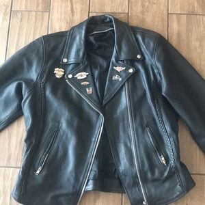 all leather biker jacket with pins